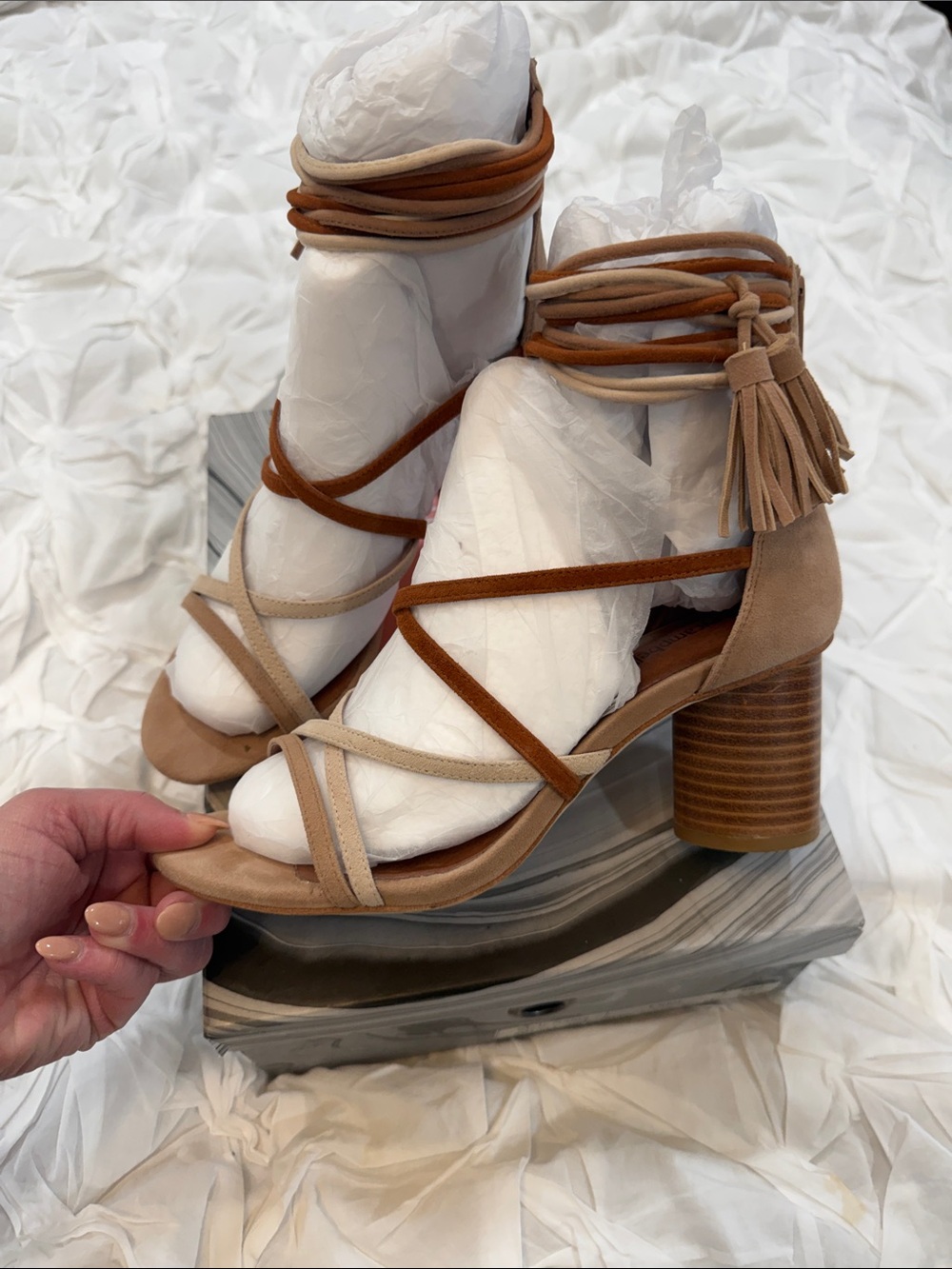 Jeffrey Campbell Two-Tone Tan Wrap-Ankle Block Heel Suede Sandals Sz 8.5
